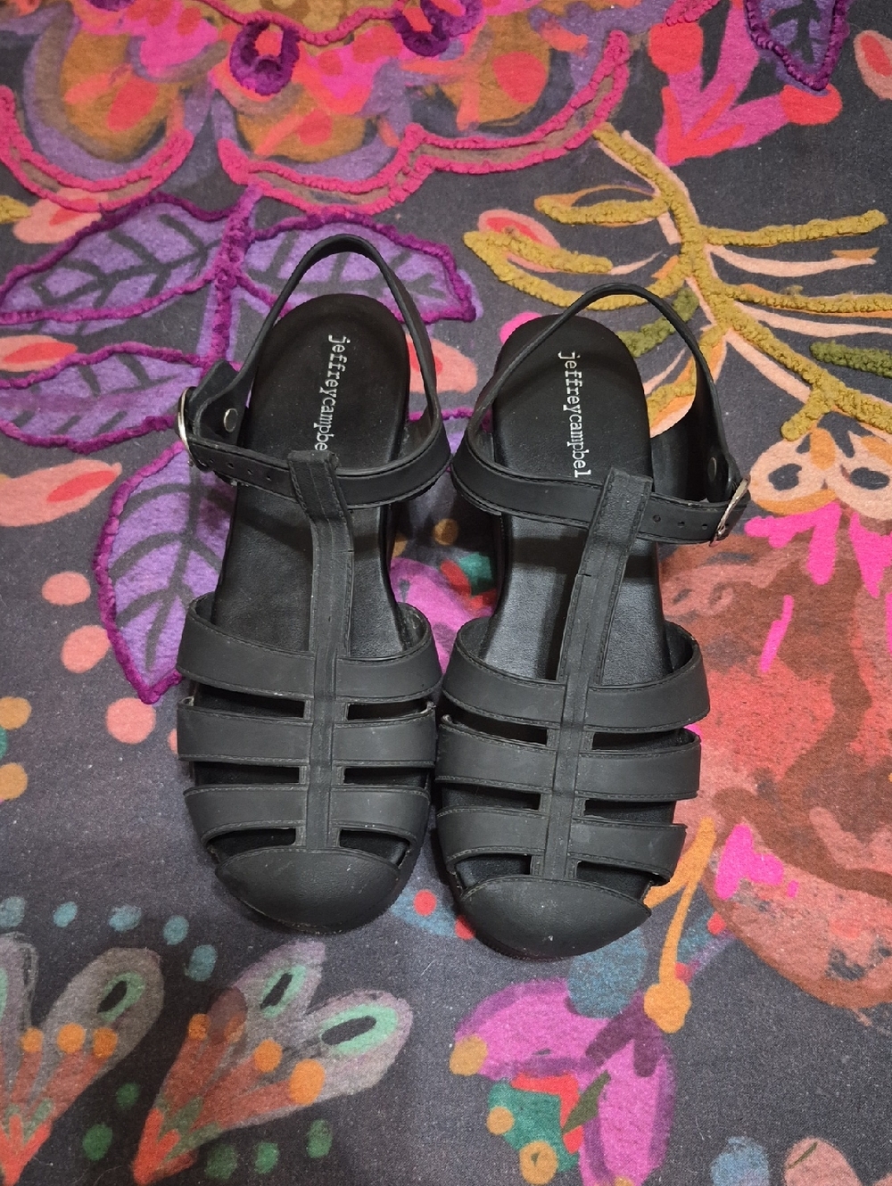 Jeffrey Campbell Black Strappy T-Bar Sandals with Ankle Strap
